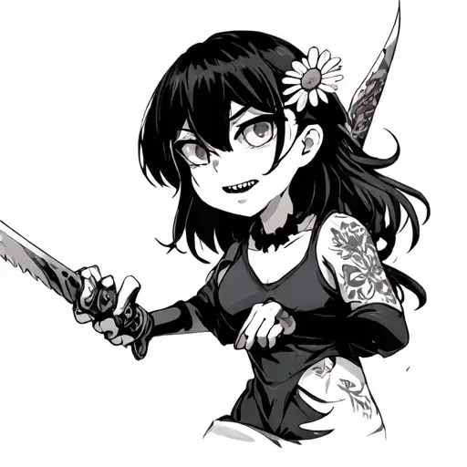 Chamomile should be the hero of the anime Hayao Miyazaki, she should be alive, with an evil grimace and weapon in her hand tattoo design idea