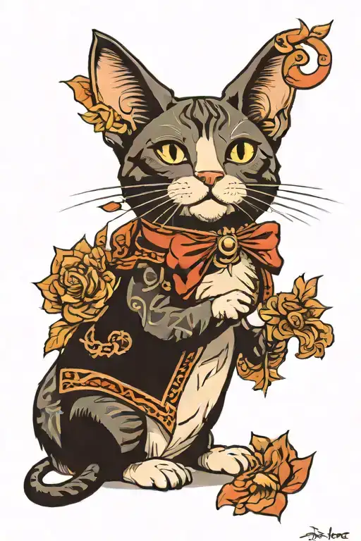 Cat standing up wearing 2000 theamed cloths  tattoo design idea