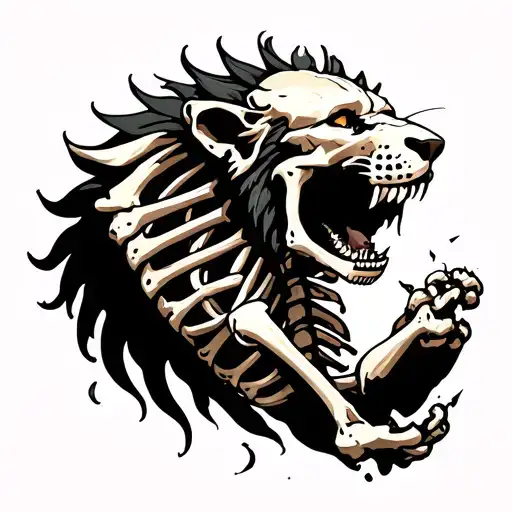 illustrative traditonal tattoo of skeleton rib cage. It is broken because a roaring lion is busting out of it.  tattoo design idea