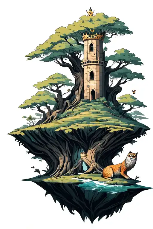 A floating island, with two large trees, a tower in the middle with a crown. An owl right next to the tower, a lying lio tattoo design idea