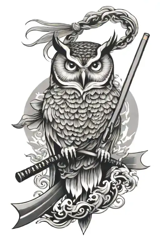 Japanese style, owl, katana, fire coming tattoo design idea