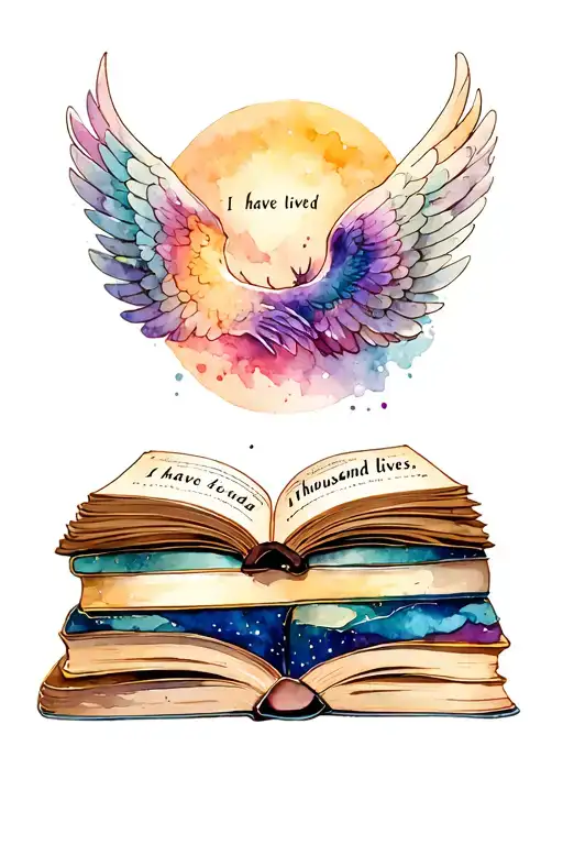 fantasy, stack of books, open book with wings, "i have lived a thousand lives" tattoo design idea