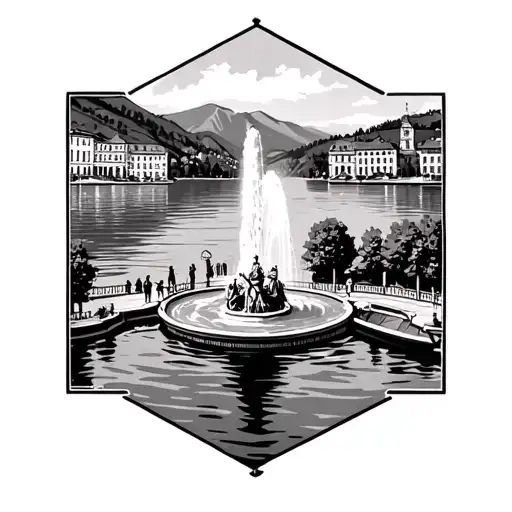,make a picture frame of geneva switzerland with the lake aswell as the large fountain in the lkae and also mountains tattoo design idea