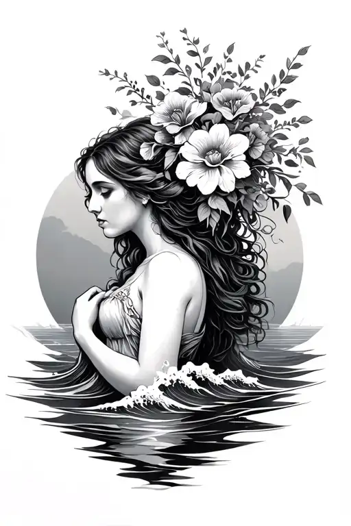 Ophelia holding bouquet above water waves tattoo design idea