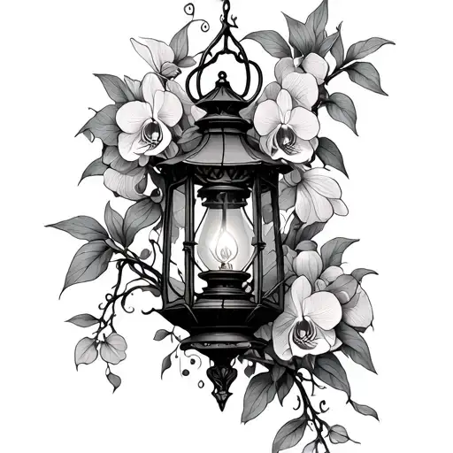 gothic withered old broken lantern overgrown by orchids and vines tattoo design idea