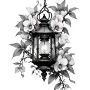 gothic withered old broken lantern overgrown by orchids and vines tattoo design idea