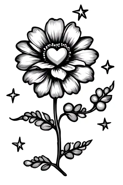 A flower that the flower is a heart and that two curly branches come out of the stem with a footprint and some respective stars tattoo design idea