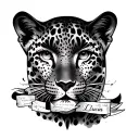 A tattoo on the arm that has a leopard the name Lucia a lyrics of a song and the face of a woman tattoo design idea
