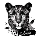 A tattoo on the arm that has a leopard the name Lucia a lyrics of a song and the face of a woman tattoo design idea