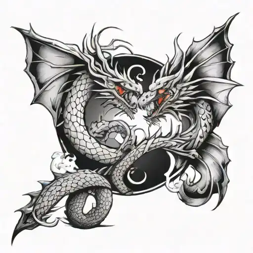 Sketch of two dragons in as Ying Yang blowing fire at each other in the shape of a broken heart tattoo design idea