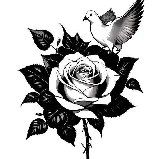 rose with Florence as stem and dove behind tattoo design idea