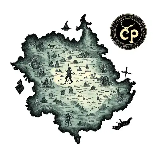 peter pan and neverland map. with all the key locations on it. the map need to be landacape initials cp in the corner tattoo design idea
