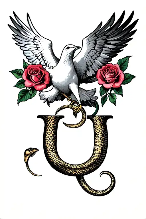 Dove with 2 roses and a snake with head on both ends in the shape of the letter "U" underneath the dove and roses tattoo design idea