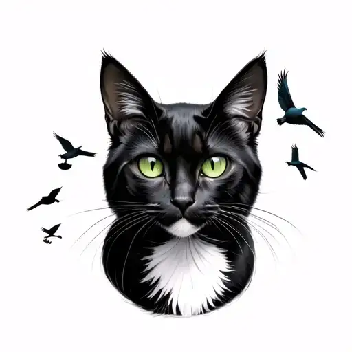 Full body Black cat with a white spot on chest and green eyes with birds f c barcelona tattoo design idea