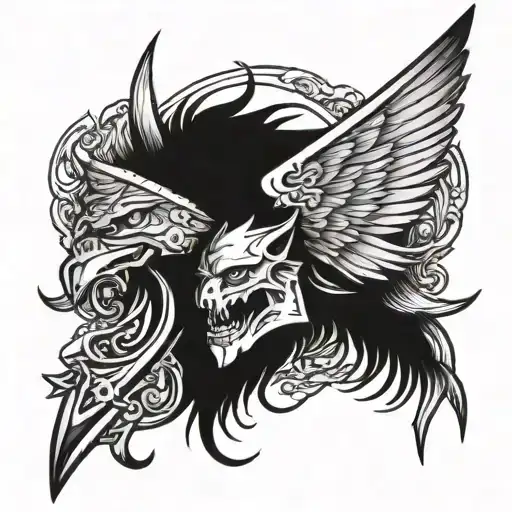 fenrir head with angel wings a and sword going tattoo design idea