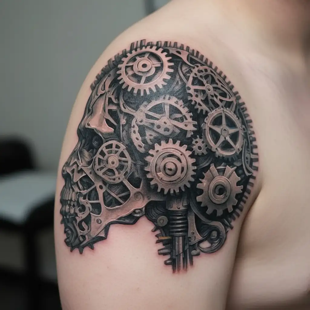 A brain made out of gears and engines, symbolizing the complexity of neurodivergence and the mind tattoo design idea