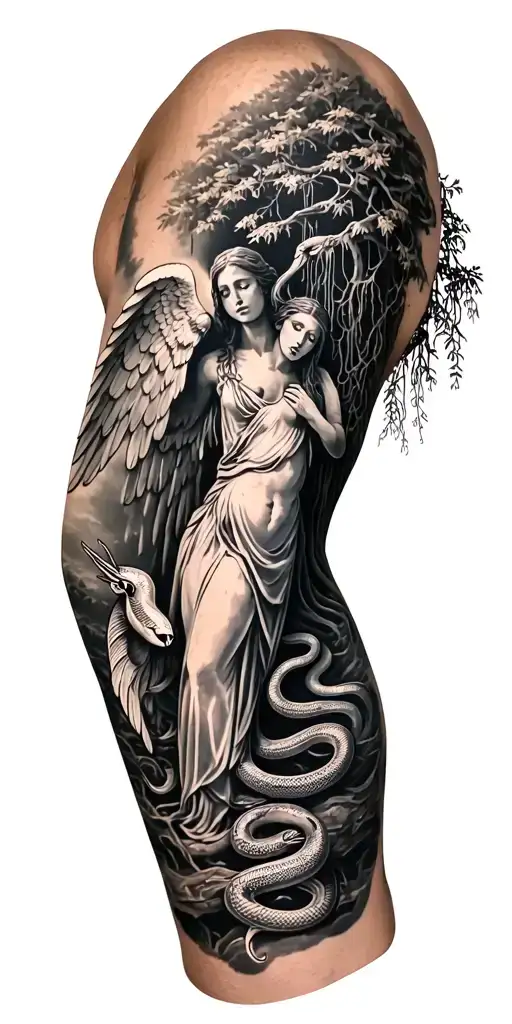 willow tree on top arm, with weeping angels under the tree and snakes under the angeles tattoo design idea