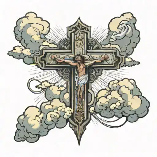 Cross with jesus, clouds, sunlight tattoo design idea
