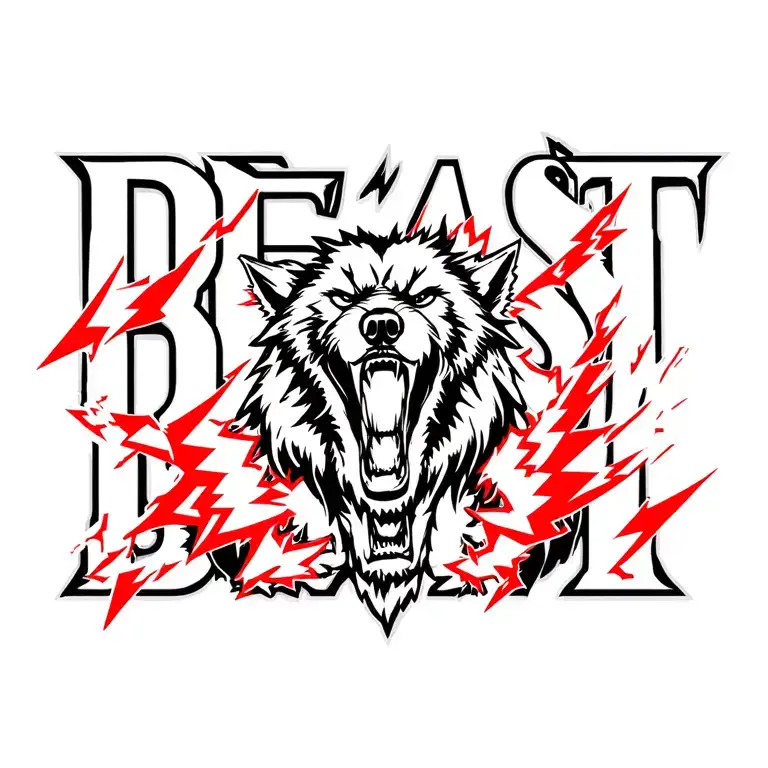centered black howling werewolf with the word "BEAST" surrounded by red lightning tattoo design idea