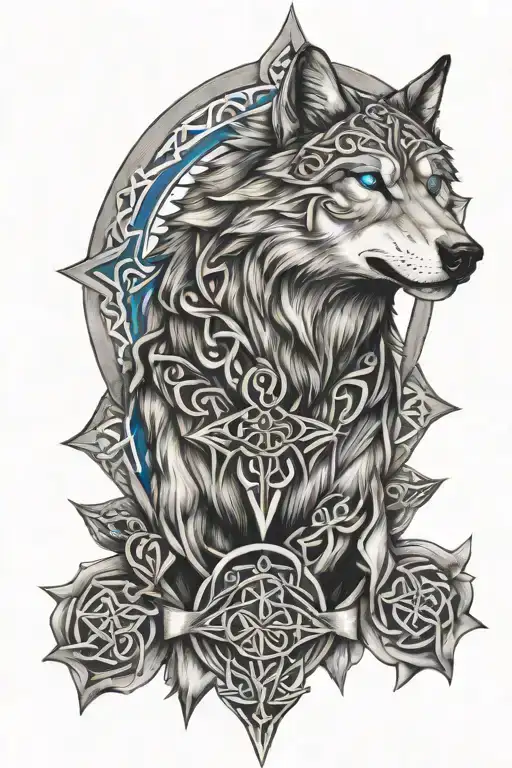 Wolf With Blue Eyes On Armor Tattoo Design Featuring Celtic Trinity Knot Tattoo with Christian cross tattoo design idea