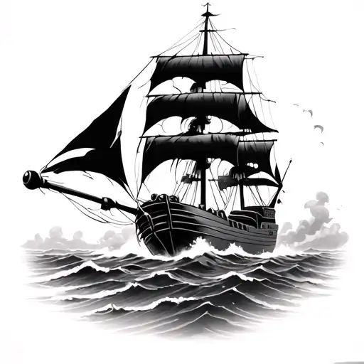 ship sailing through stormy while firing cannon tattoo design idea