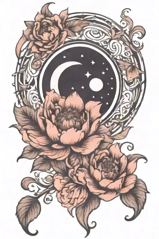 crescent moon, with peonie, art nouveau tattoo design idea