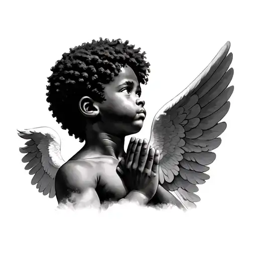 realistic African American angel boy with Afro praying with head looking slightly up for a neck tattoo tattoo design idea