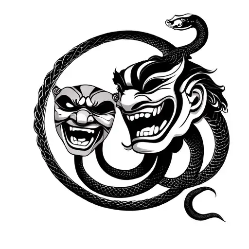 Chinese style masks, sad and happy. in the circle of their snake tattoo design idea