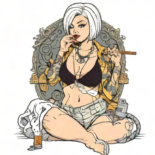 Sexy girl, Huge cleavage, petite, torn clothing, short white bob hairstyle, smoking a cigarette in mouth, thick thighs tattoo design idea
