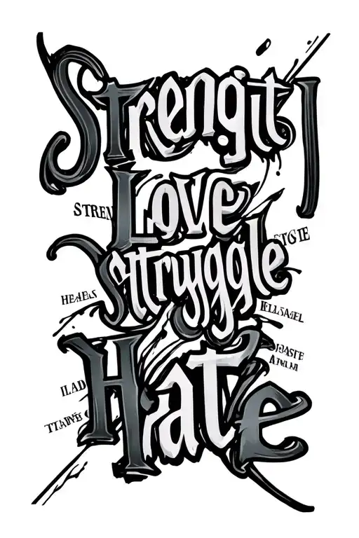 infitinty sign made up of the words "strength" "love" "struggle" "hate" tattoo design idea