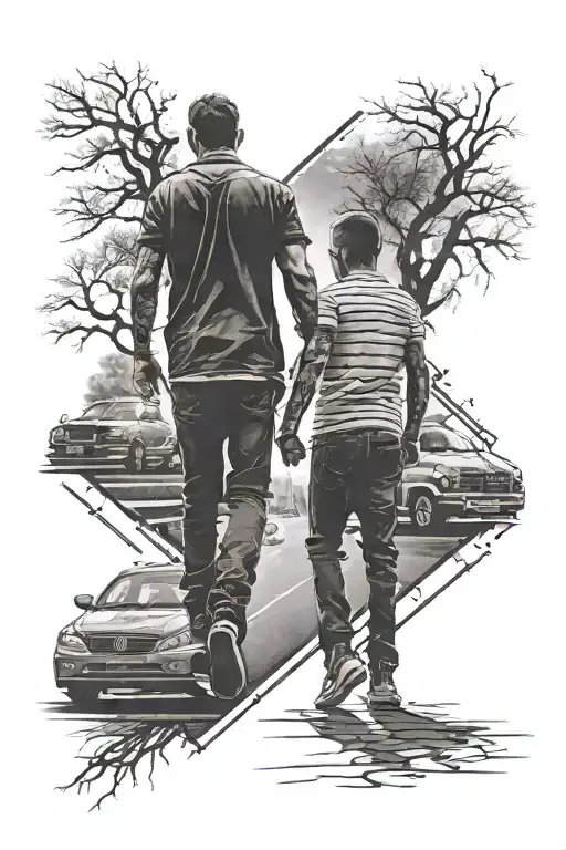 tattoo sleeve on the whole arm, silhouette of a man and his son standing holding hands at a crossroads, and choosing a p tattoo design idea