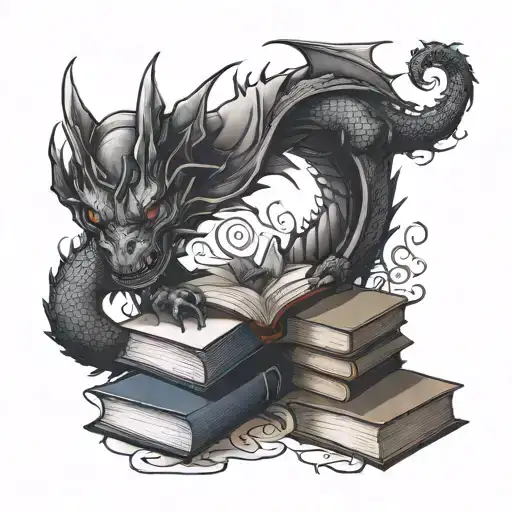 books, dragon, black cat, crwon, apple, mountain outline tattoo design idea