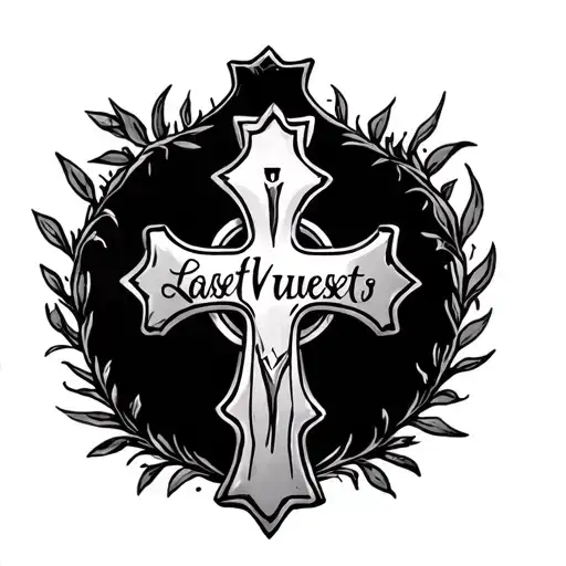 tiny cross tattoo with last name Wuest in the middle tattoo design idea