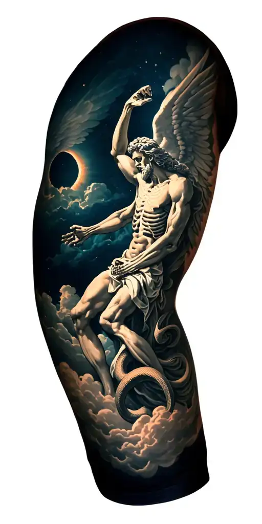 Zeus on the shoulder tattoo, icarus on the forearm, creation of adam hands 1 is skeleton, snake on the hands and clouds  tattoo design idea