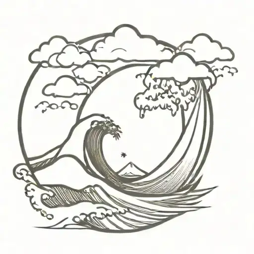 geometric Japanese great wave and Mount Fuji background fine line tattoo design idea