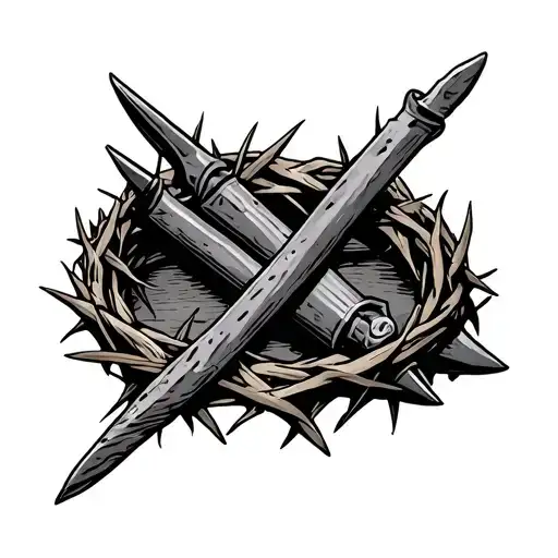 3 railroad spikes wrapped in a crown of thorns  tattoo design idea