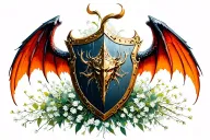 shield with demon wings and babies breath tattoo design idea