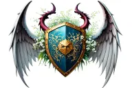 shield with demon wings and babies breath tattoo design idea