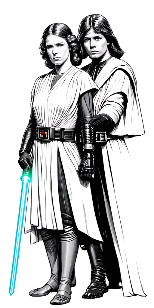 luke skywalker holds his green lightsaber and leia holds her blue light saber. they stand together and darth vader looms tattoo design idea