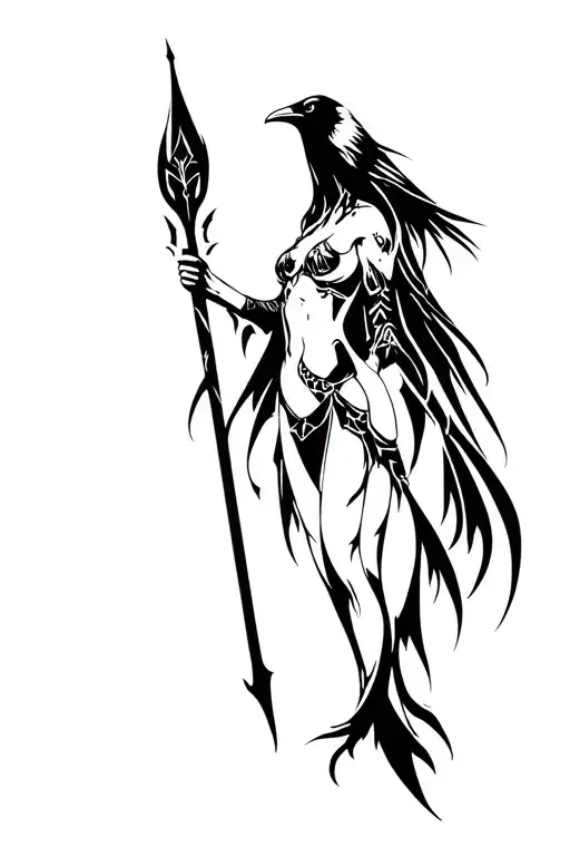morrigan god with her crow and spear tattoo design idea