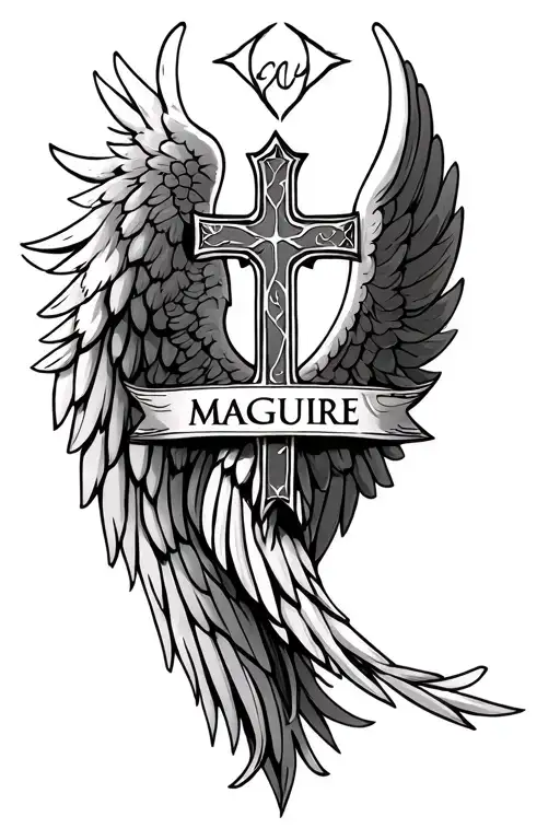 angel wings and cross with the name maguire upper half sleeve tattoo design idea
