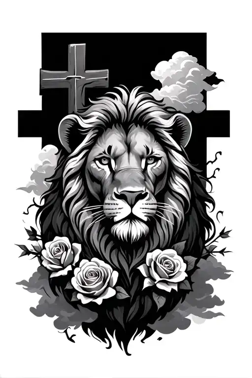 a lion with roses and thorns with a cross surrounded by clouds  tattoo design idea
