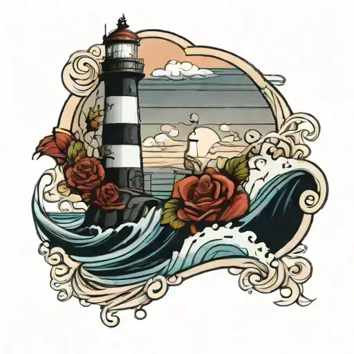 lighthouse with crashing waves and roses intertwined tattoo design idea