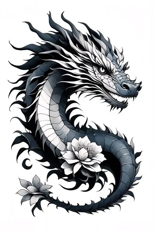 fine line dragon with flowers tattoo design idea