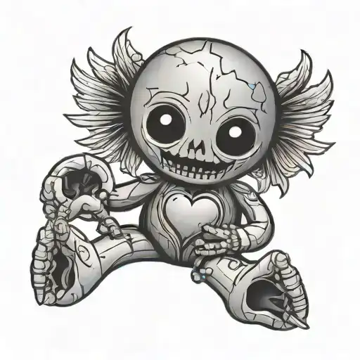 tearful voodoo doll with heart in hands tattoo design idea