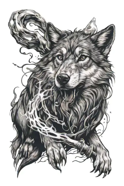 the elder wand from harry potter with a patronus charm in the shape of a wolf coming out of the wand tattoo design idea