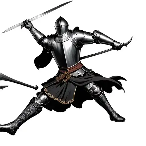 A bold English knight in mid-swing, captured in dynamic motion, wearing detailed 15th-century plate armor with a flowing tattoo design idea