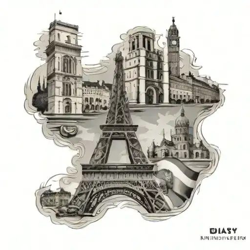 american, france, italy, uk flag,  paris, london, rome landmarks, with d day normandy tribute tattoo design idea