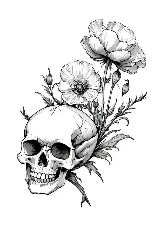 skull in opium poppy pod floating tattoo design idea