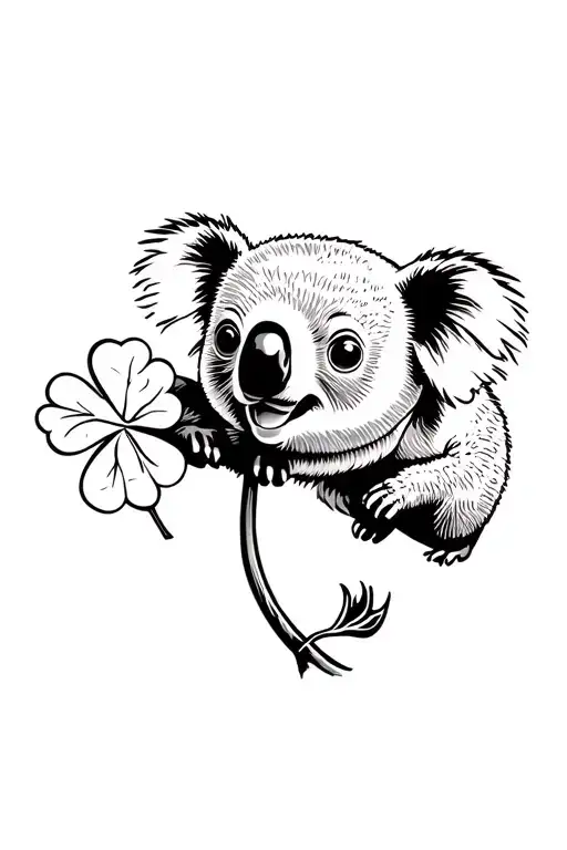 A five -leaf clover with a large stem, in which a koala grabs the stem tenderly tattoo design idea